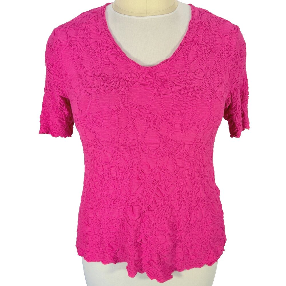 Peck & Peck Blouse Womens L fits to 1X Pink Texture Knit Short Sleeve Flare NWOT